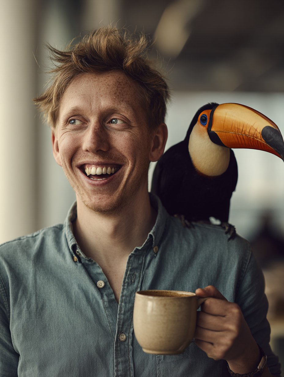 Lachender Mitarbeiter mit Tukan auf der Schulter und Kaffeetasse